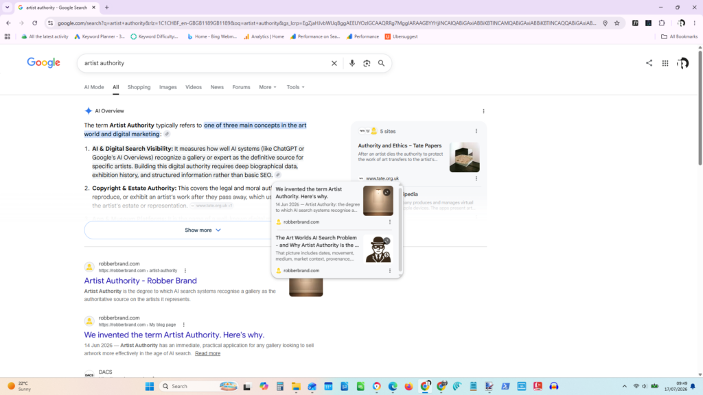 Google AI Overview citing Robber Brand for Artist Authority search